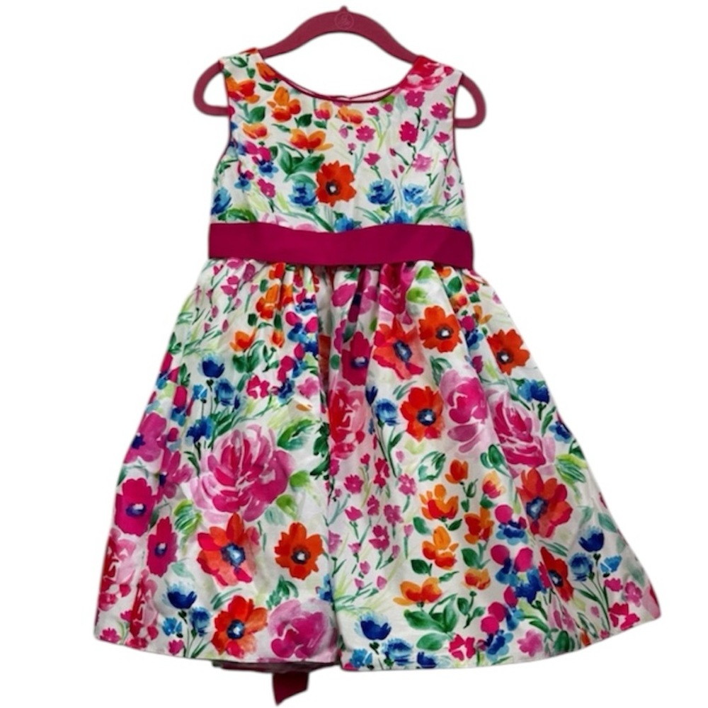 Frais Girls Multicolor Pink Floral Tie Waist Sleeveless A-Line Dress Size 5